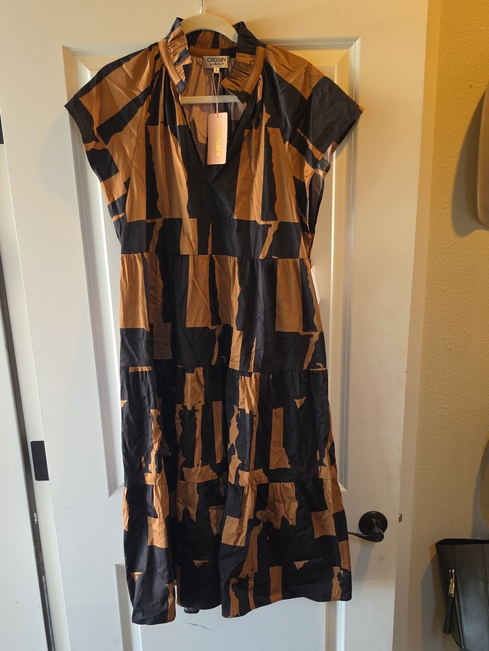 CROSBY by Mollie Burch Black and Orange Geometric Tiered Midi Dress